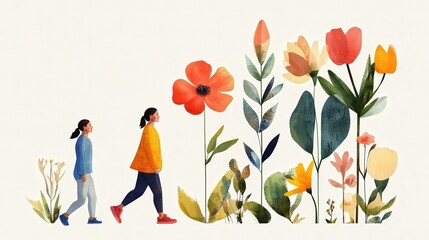 Fototapeta premium Modern stylized illustration of a mother and daughter exercising together, designed with bold and vibrant graffiti-inspired streetwear motifs on a muted earthy background