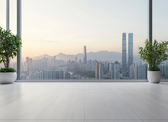 Simplicity, beauty, city skyline background with a square empty floor for product display and a whit generative ai
