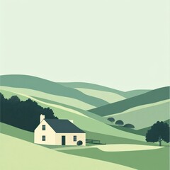 Rolling Green Hills House Landscape Idyllic Scene