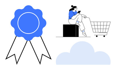 Blue award ribbon, person using smartphone with shopping cart, light blue cloud. Ideal for achievement, e-commerce, technology, innovation, cloud services, digital transformation business growth