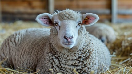 Obraz premium Close-up of a fluffy white sheep with brown eyes lying in a bed of straw. AI generative. .