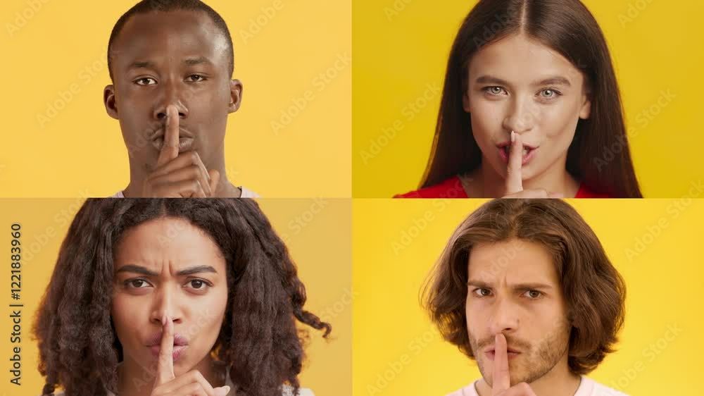 Aufkleber Four individuals of different backgrounds convey a range of emotions using gestures and facial expressions against a bright yellow backdrop, showcasing diversity and human connection.