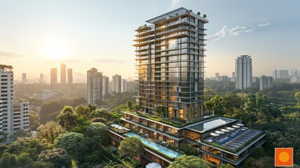 Obraz premium A modern, glass and concrete skyscraper with a rooftop pool and greenery, surrounded by dense forest and other buildings. AI generative. .
