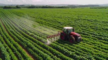 A red tractor sprays a green field of crops. AI generative. .