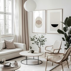 Fototapeta premium Modern Minimalist Living Room Design Neutral Tones Abstract Art Cozy Atmosphere Interior 3D Render