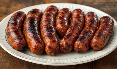 Grilled sausages on a plate, rustic wood background