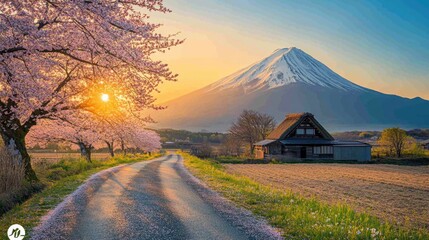  beautiful clean and tidy road to Mount Fuji with blooming pink cherry blossom and old traditional...