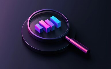 Minimalist 3D graph with a magnifying lens, purple and blue.