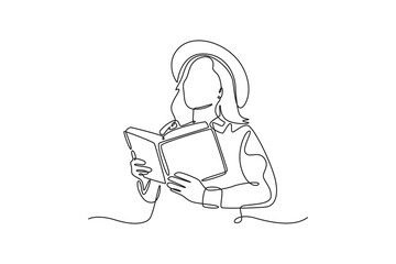Book reading concept. Single line draw design vector graphic illustration.