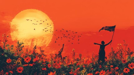 Obraz premium A vibrant sunset silhouetted figure with a flag in a field of flowers with flying birds