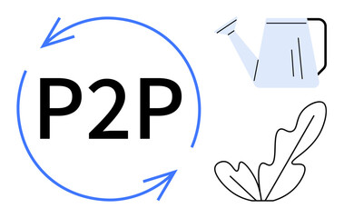 Central P2P text inside blue circular arrows, gray watering can top right, abstract black plant leaf outline bottom right. Ideal for collaboration, resource sharing, networking, community