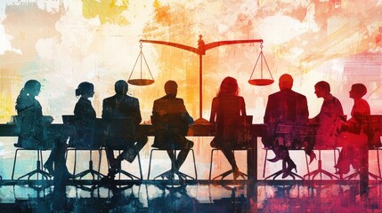 An artistic representation of a justice reform meeting, featuring diverse voices discussing improvements