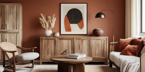 Fototapeta premium Modern Boho Living Room Interior Design with Wooden Furniture and Warm Tones Interior 3D Render