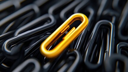 Golden paperclip stands out among black ones, concept image for uniqueness and leadership