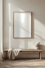 Serene Minimalist Home Interior Design Mockup with Wooden Bench and Blank Frame Interior 3D Render