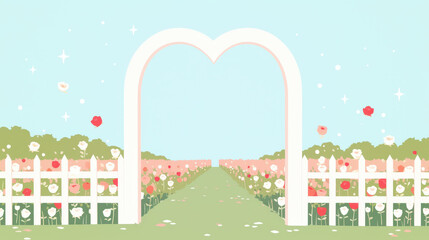 Naklejka premium heart shaped archway surrounded by blooming pastel roses creates serene garden pathway