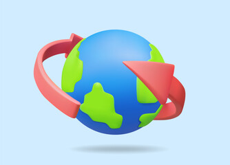 3D vector rendered illustration of a globe icon with a red arrow bar surrounding it. Concept of data movement or connectivity. Circulation, and exchange of information international resources