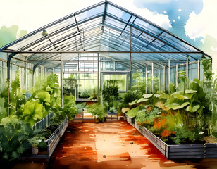 Fototapeta premium Greenhouse interior filled with lush plants and sunlight streaming through the glass roof