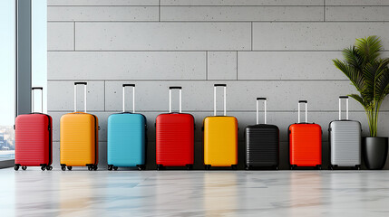 Colorful suitcases ready for adventure airport terminal product display modern environment eye-level view travel essentials