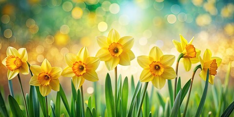 Obraz premium Vibrant Yellow Daffodils in Springtime Bokeh Background, Fresh Green Landscape, Nature Beauty, Floral Photography, Spring Flowers, Macro