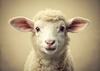 Obraz premium Vintage Photo Cute Fluffy Lamb, Smiling Lamb, White Lamb, Big Eyes, Adorable Lamb, Farm Animal Photography