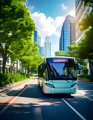 Obraz premium A modern electric bus travels through a green, tree-lined urban street with tall skyscrapers in the background under a bright blue sky