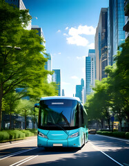Obraz premium A modern electric bus travels through a green, tree-lined urban street with tall skyscrapers in the background under a bright blue sky