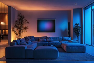 Modern Living Room Evening Ambiance Stylish Sofa Colorful Lighting Plants Interior 3D Render