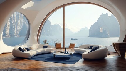 Modern Coastal Living Room Stunning Ocean View Luxury Home Design Interior 3D Render