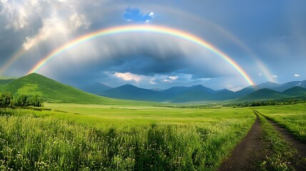 Obraz premium Rainbow over the meadow in the mountains. Beautiful summer landscape