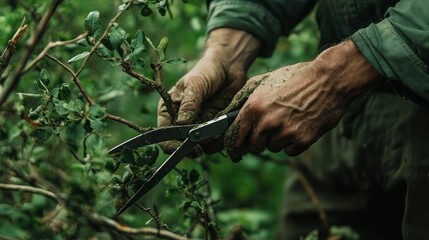 Gardener pruning branches, nature background, gardening work