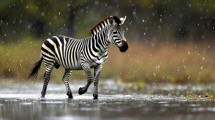 Zebra walking in rain, water splashes, wildlife.