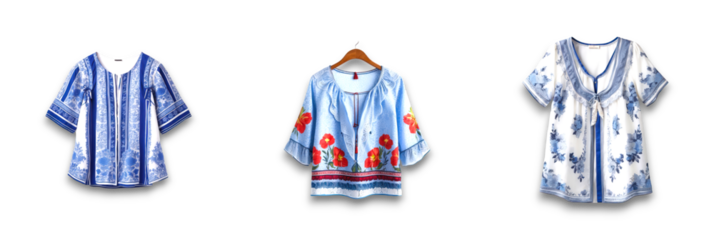 Isolated floral shirts on transparent background showcasing unique designs