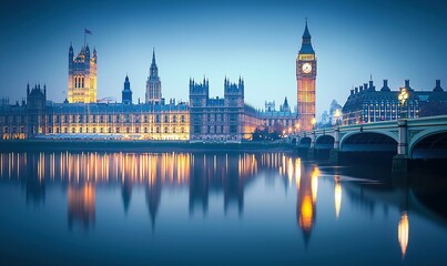 Fototapeta premium Illuminated Houses of Parliament and Westminster Bridge at twilight reflected in the Thames