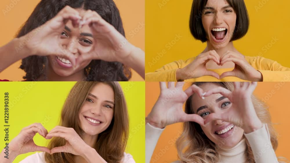 Poster a collection of four people of different backgrounds smiling and forming heart shapes with their han