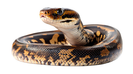 Obraz premium Ball Python Portrait: A captivating close-up of a ball python coiled in a defensive posture, its mesmerizing patterns and intense gaze create a mesmerizing and enigmatic image. 