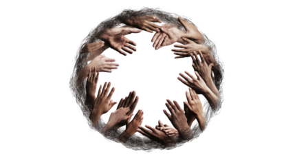 Circle of Unity: Diverse hands forming a circle, symbolizing unity, togetherness, and global collaboration. A powerful image for concepts related to teamwork, community, and inclusivity.