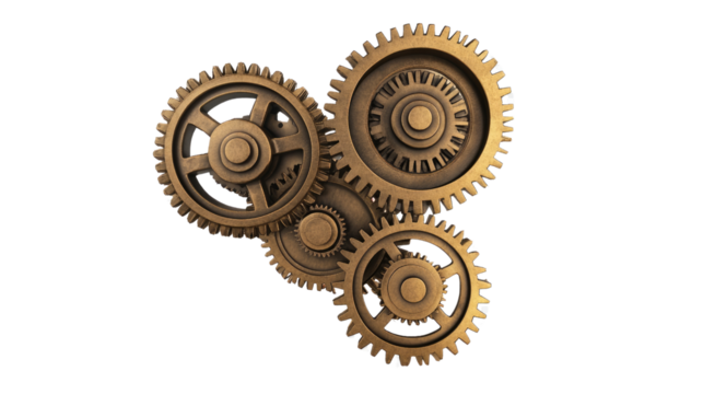 Golden Gears in Motion:  A mesmerizing arrangement of intricately detailed golden gears, interlocked and turning in perfect synchronization, symbolizes precision, engineering, and seamless teamwork. 