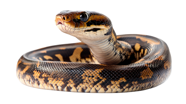 Ball Python Portrait:  A captivating close-up of a ball python coiled in a defensive posture, its mesmerizing patterns and intense gaze create a mesmerizing and enigmatic image.  