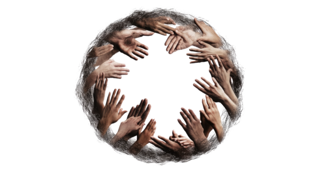 Circle of Unity: Diverse hands forming a circle, symbolizing unity, togetherness, and global collaboration. A powerful image for concepts related to teamwork, community, and inclusivity.