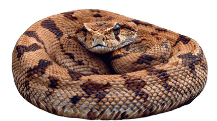 Obraz premium Coiled Snake: A large, intricately patterned snake coils itself into a defensive posture, its gaze intense and captivating. The detailed texture of its scales is clearly visible. 