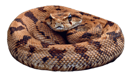 Coiled Snake: A large, intricately patterned snake coils itself into a defensive posture, its gaze intense and captivating.  The detailed texture of its scales is clearly visible. 