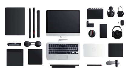 Tech Essentials Flat Lay: A sleek and modern flat lay showcasing an array of tech accessories, including a laptop, desktop monitor, headphones, stylus pens, and charging cables.