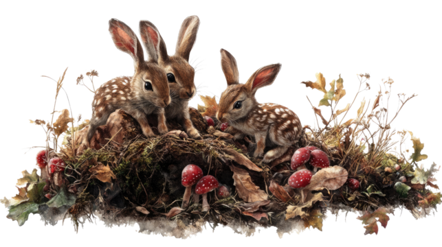 Two Bunnies: Adorable baby bunnies with spotted fur, curious and playful, explore a patch of autumnal foliage surrounded by vibrant red mushrooms. They appear to be exploring the world.