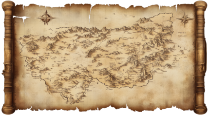 Ancient Treasure Map:  A weathered, antique treasure map unfolds, revealing a mysterious land with mountains, valleys, and rivers, hinting at hidden riches and untold adventures.
