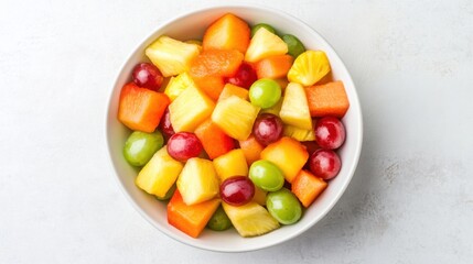 A bowl of colorful fruit salad with pineapple, melon, and grapes