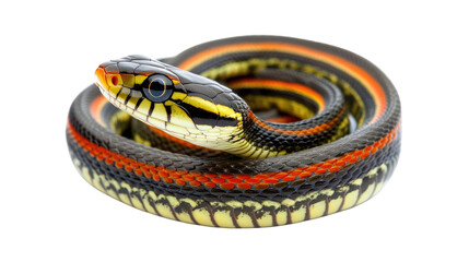 Obraz premium California Kingsnake Close-up: A vibrant California Kingsnake, showcasing its striking black, red, and yellow bands, coils elegantly in a captivating studio shot. Its head is slightly raised.
