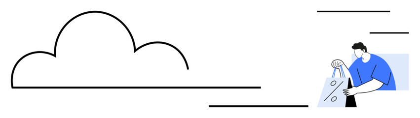 Cloud outline connected to person holding discount shopping bag. Ideal for cloud computing, online shopping, digital marketing, data storage, e-commerce, promotions, sales. Line metaphor
