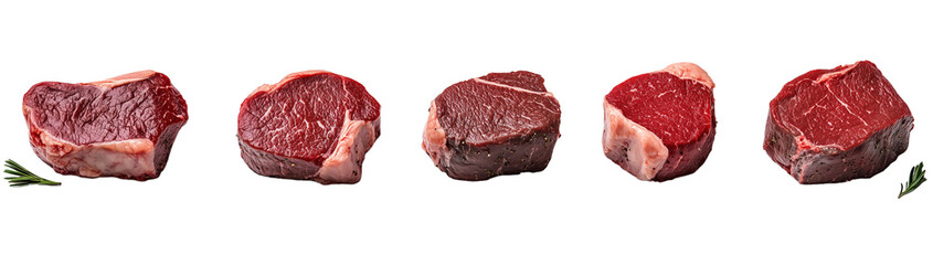 Obraz premium PNG, Steak. Meat Long, pieces of raw meat, isolated on a white background, created with Generative AI technology.