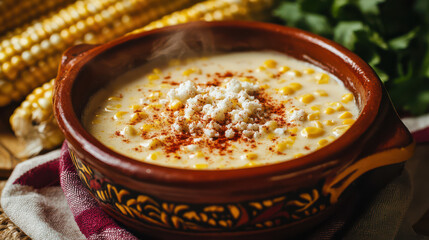 A close-up of a traditional clay pot holding creamy elote, rich golden hues of corn with delicate steam rising